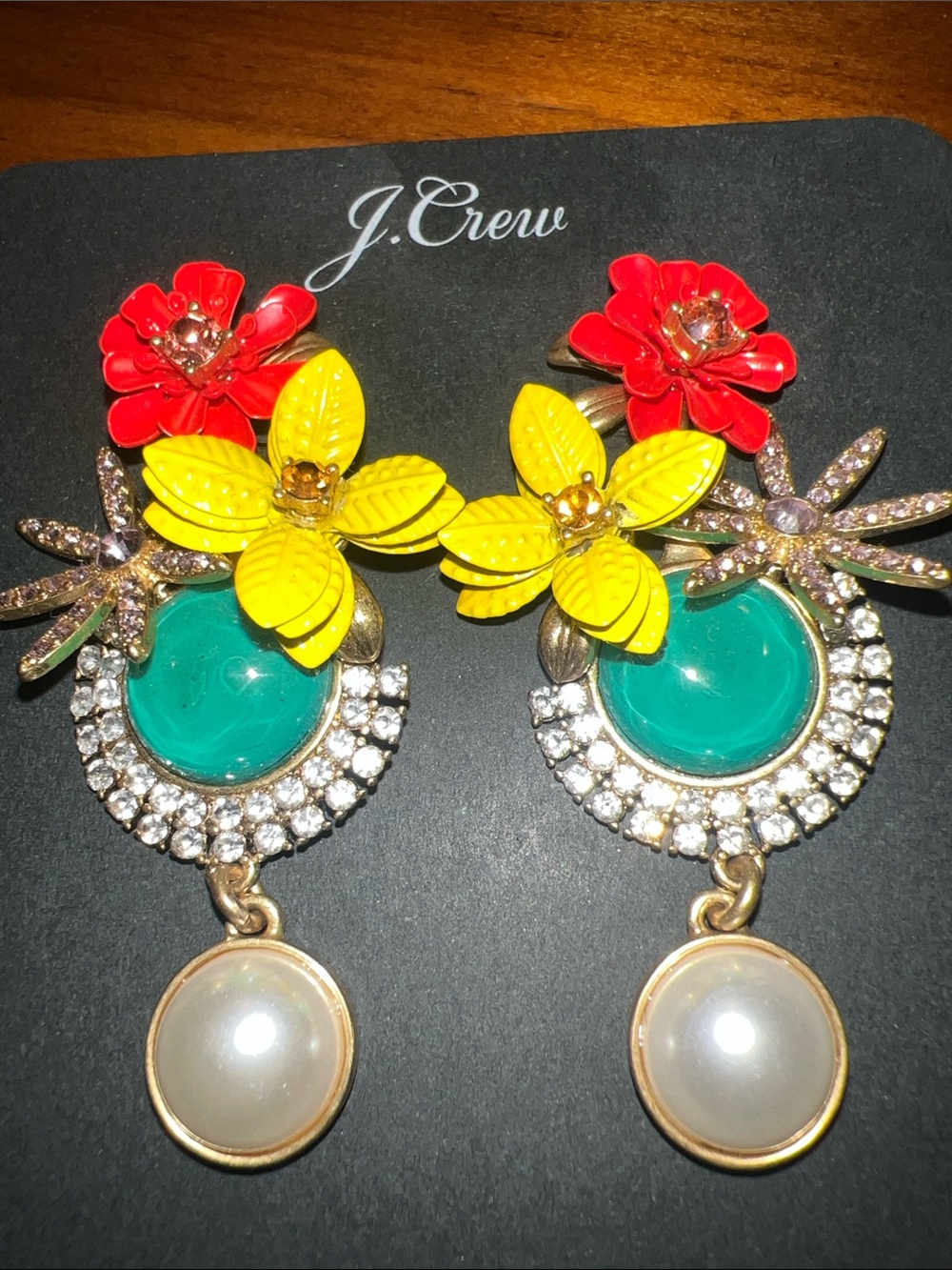 J. Crew Red, Yellow & Green Floral Drop Earrings with Pearl Drops